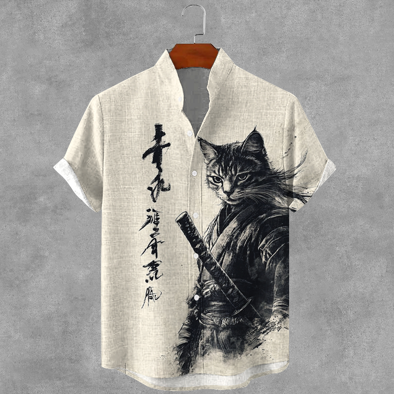 Men's Samurai Cat Japanese Art Print Short Sleeve Shirt