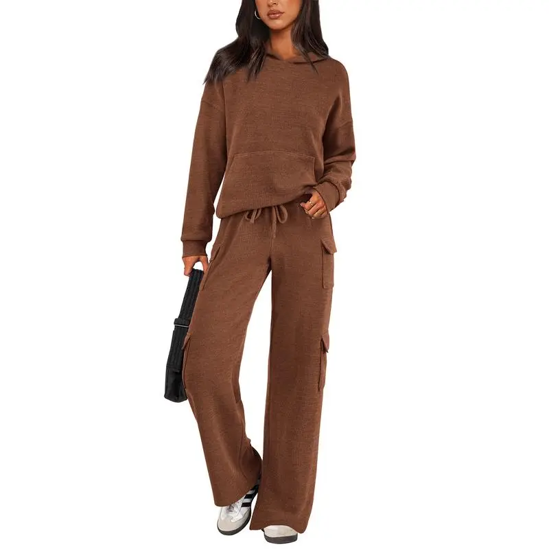 Women's Fall Knitted Hoodie Tracksuits Wide Leg Pants With Pocket Sets