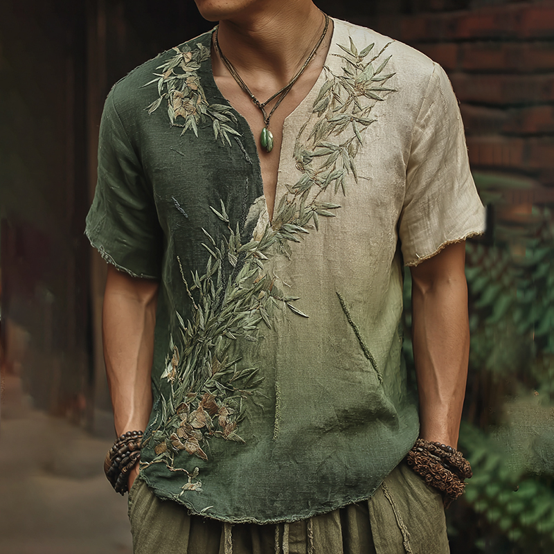 Men's Bamboo Embroidery Gradient V-neck Short Sleeve Linen Blend Shirt