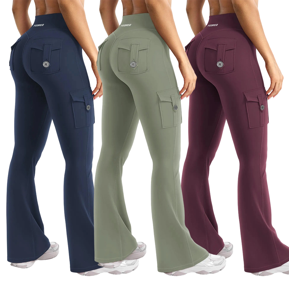 Women's Workout Flare Leggings with Pockets Hidden Scrunch High Waisted Cargo Gym Yoga