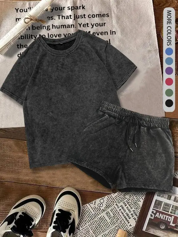 Women's 2-Piece Summer Set – Fitted Cotton Tee & Denim-Print Shorts