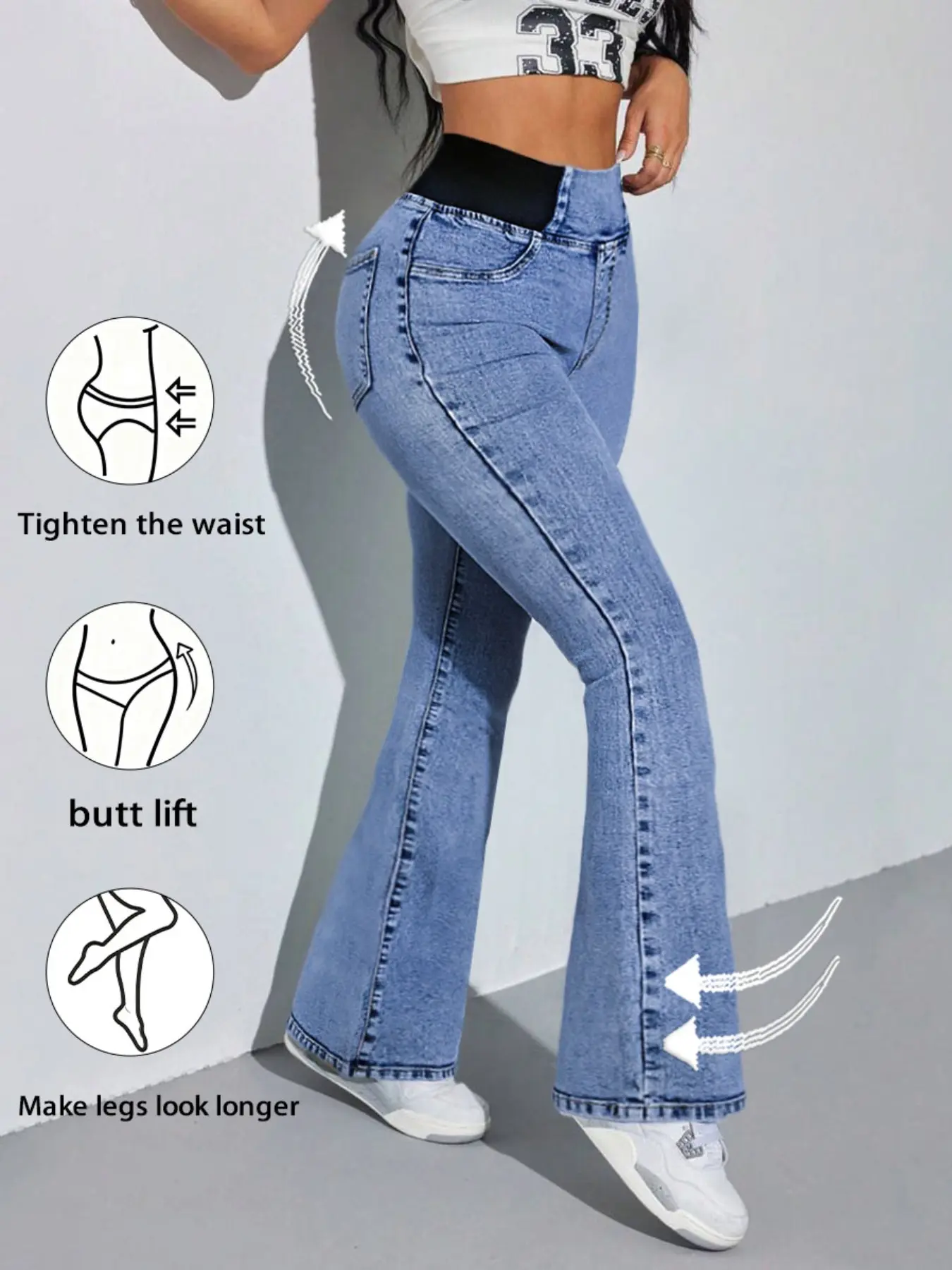 2026 Women's Back Shirred Jeans, Mid - Rise Elasticity Waist Flared Jeans, With Pockets