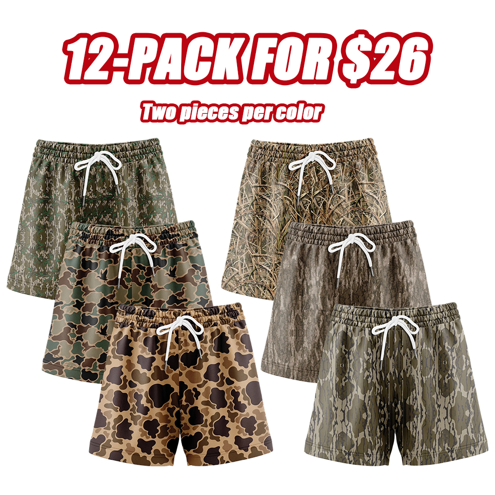 Pack 6 Duck Hunting Camo Shorts - 5 Inch Inseam Camo Mesh Design for Men & Women Ideal Gym Wear & Gifts Breathable & Comfortable