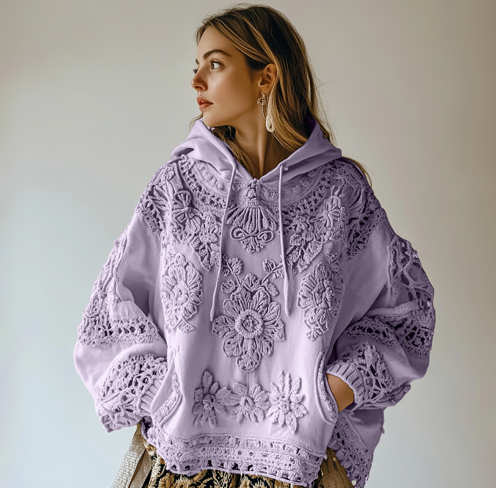 Women's Floral Embroidery Art Casual Cozy Hoodie