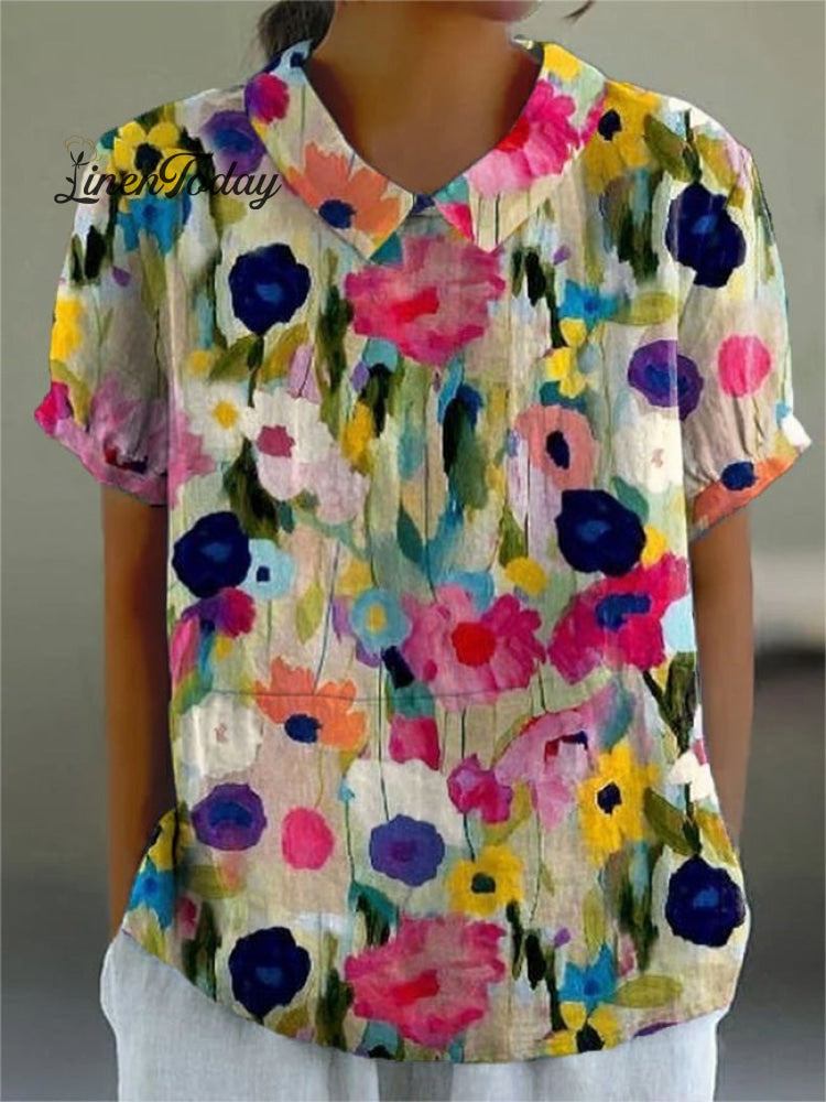 Women's Retro Floral Art Print Casual Cotton And Linen Shirt
