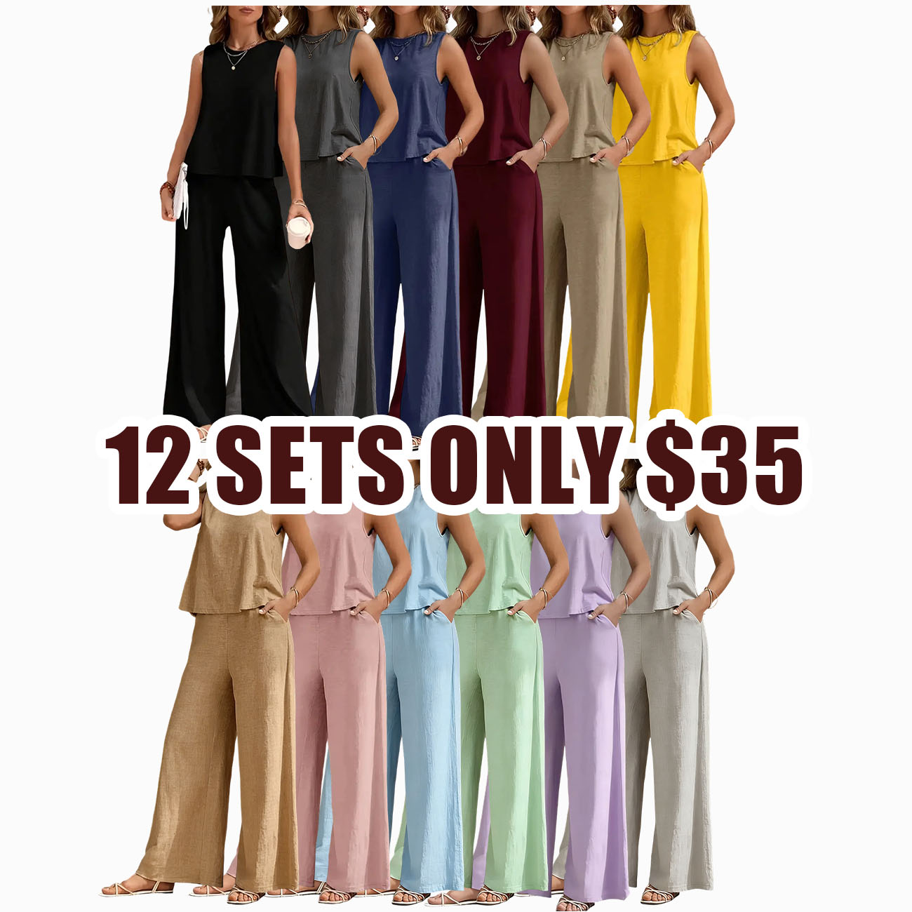 Elegant Two-Piece Set for Women, Womenswear Round Neck Vest & Wide-Leg Pants, Perfect for Casual Wear, Stylish for Daily Use