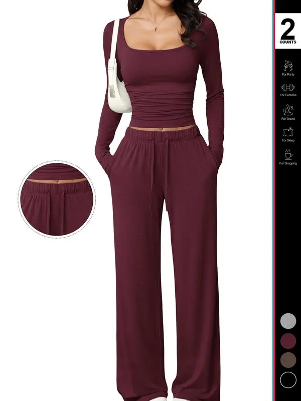 Women’s 2-Piece Lounge Set Square Neck Crop Top & Wide Leg Pants
