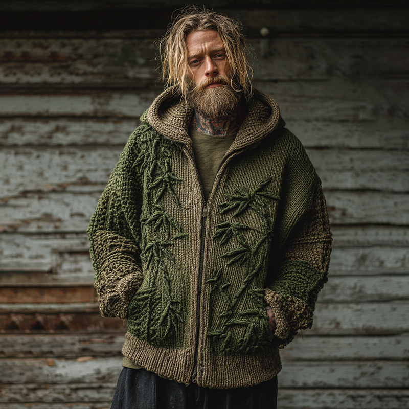 Men's Vintage Bamboo Embroidery Art Knit Zip Up Hooded Sweater