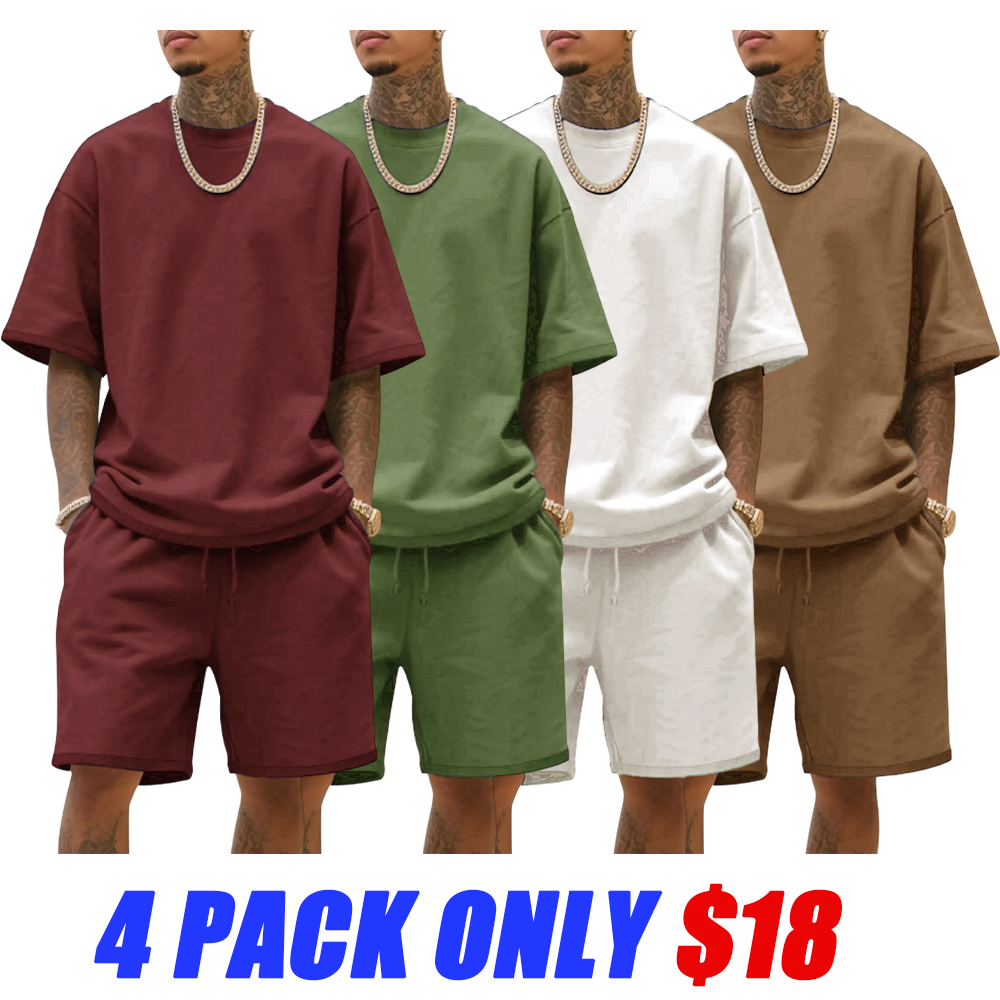 Men's Summer Casual Set, Pure Color Round Neck Short Sleeve Knit Tee & Shorts, Classic Loose Fit Sportswear