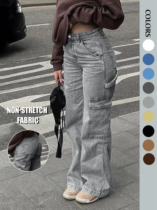 Women’s High-Waist Wide Leg Cargo Jeans with 6 Pockets
