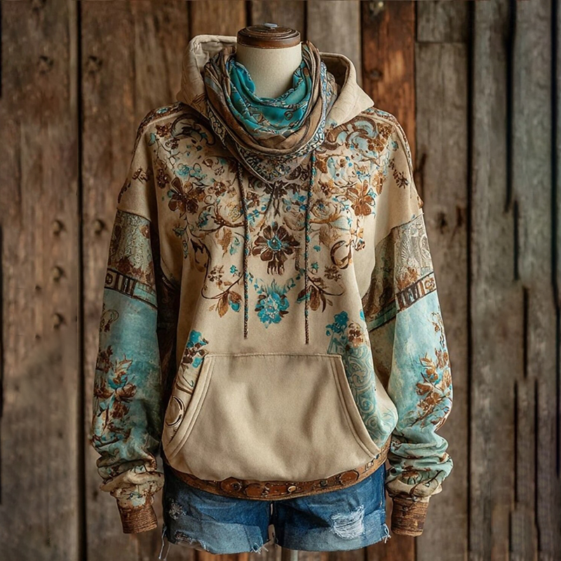 Women's Bohemian Floral Geometric Pattern Vintage Western Casual Hoodie