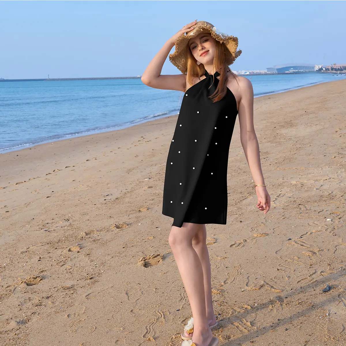 Women's Pearl Beaded Halter Twist Sleeveless Tie Back Dress A Line Dress