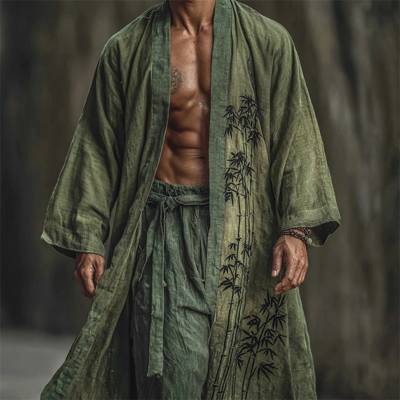 Men's Vintage Japanese Bamboo Art Dyed Flowy Linen Long Kimono