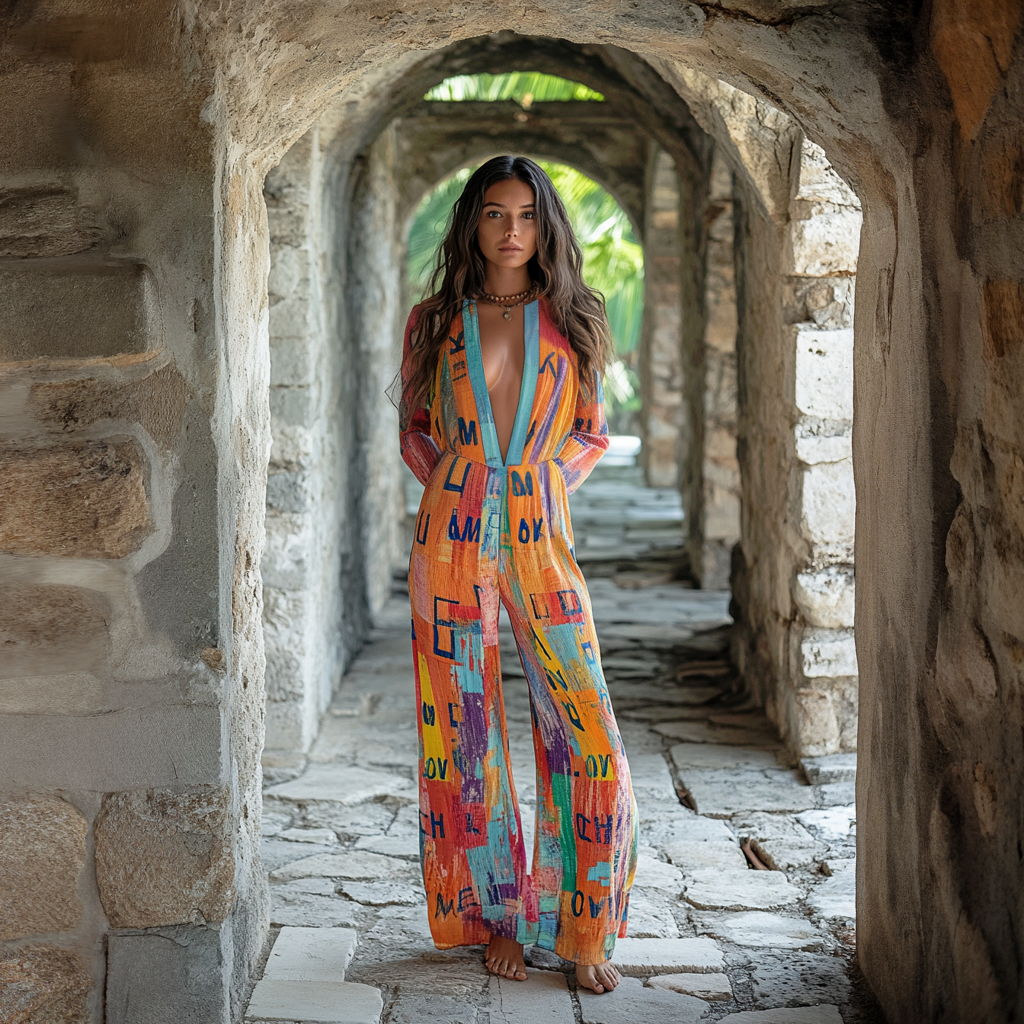 Vintage Loose Linen Patchwork Rainbow Contrast Jumpsuit 1442