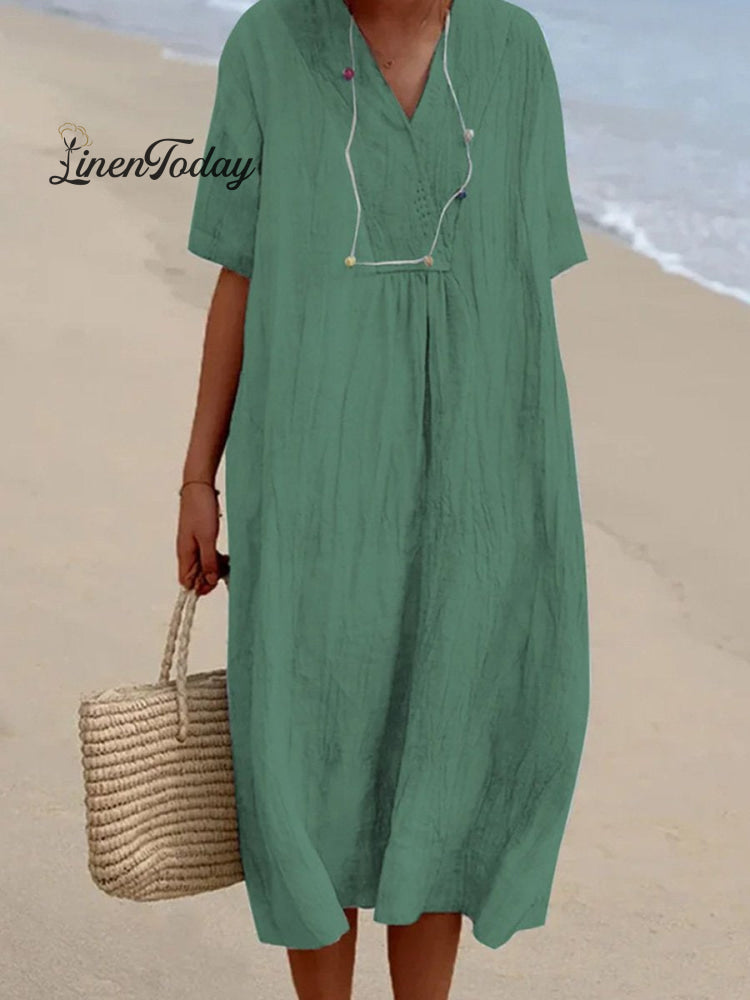 Women's Solid Color Cotton And Linen Short Sleeve Dress