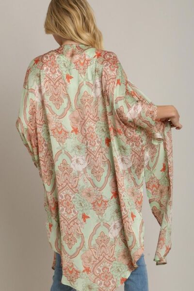 Full Size Mixed Print Open Front Kimono with Ruffle Sleeves