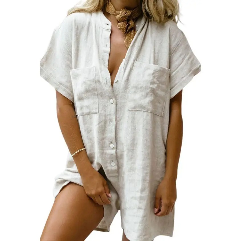 Women Summer Shorts Romper Button Down Wide Leg Cotton Linen Shortalls Jumpsuit