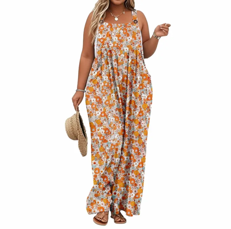2025 Plus Size Wide Leg Jumpsuit – Loose Summer Romper with Pockets