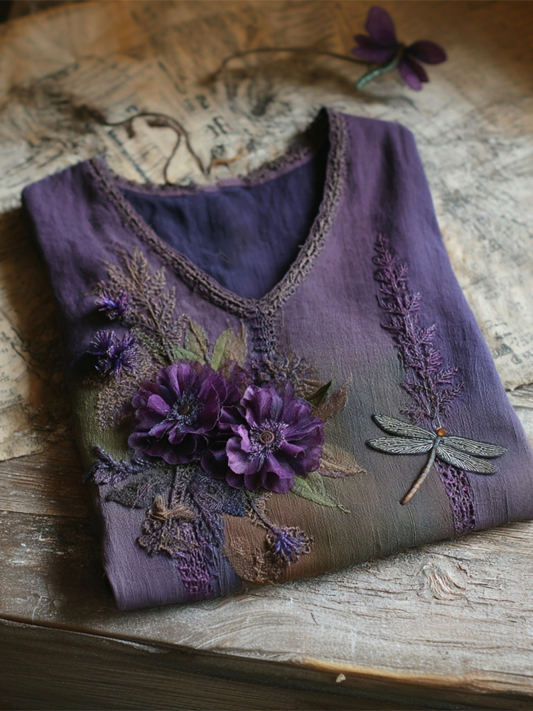 Vintage Boho Dragonfly Floral Embroidery Women's V-neck Linen T-shirt