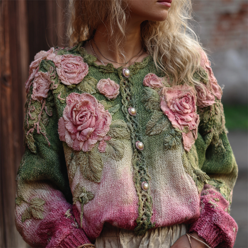 Pink Roses Crochet Embroidered Forest Gradient Cozy Cardigan