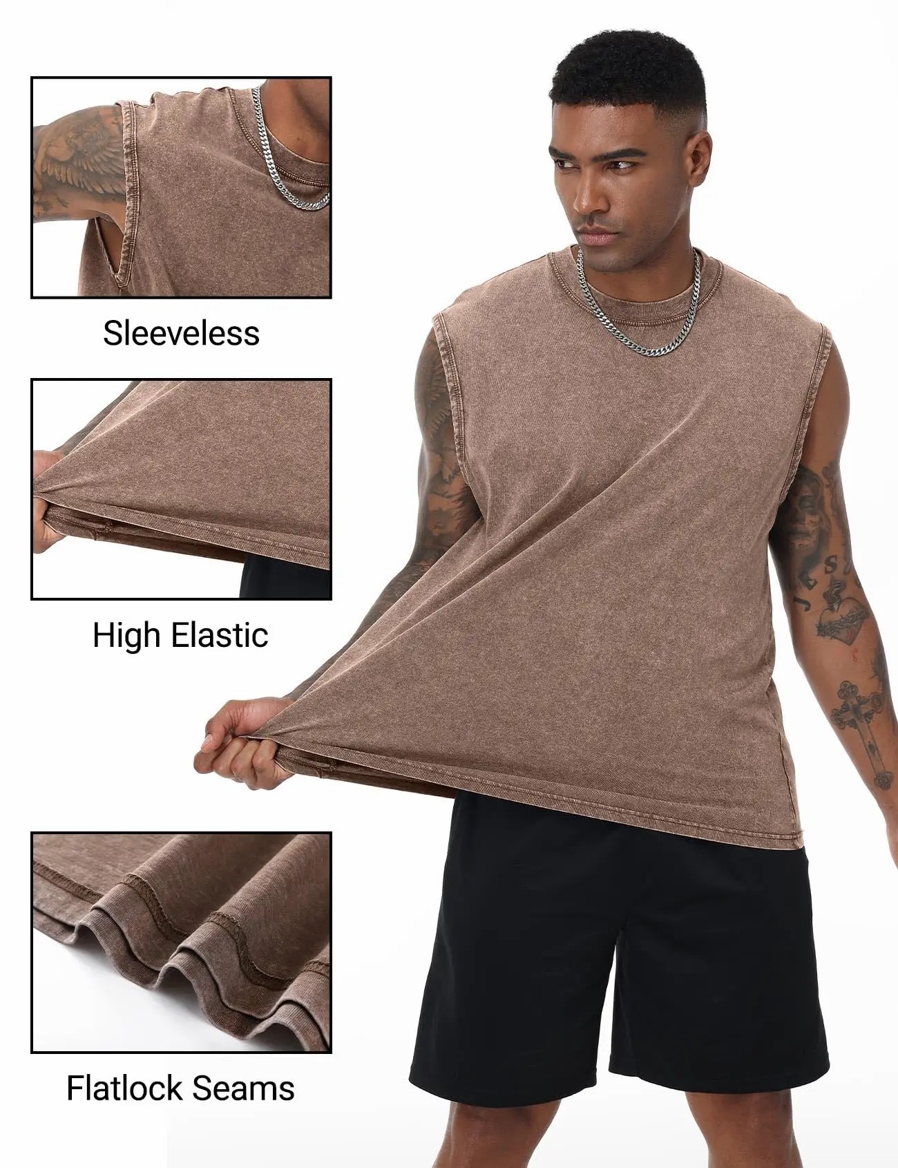 Men's Cotton Sleeveless Muscle Tank Tops Vintage Acid Wash Cutoff Loose Workout Tee Shirts