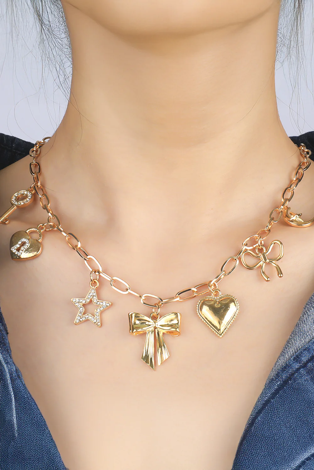 Gold Bow Heart Star Key Charm Alloy Adjustable Chain Necklace