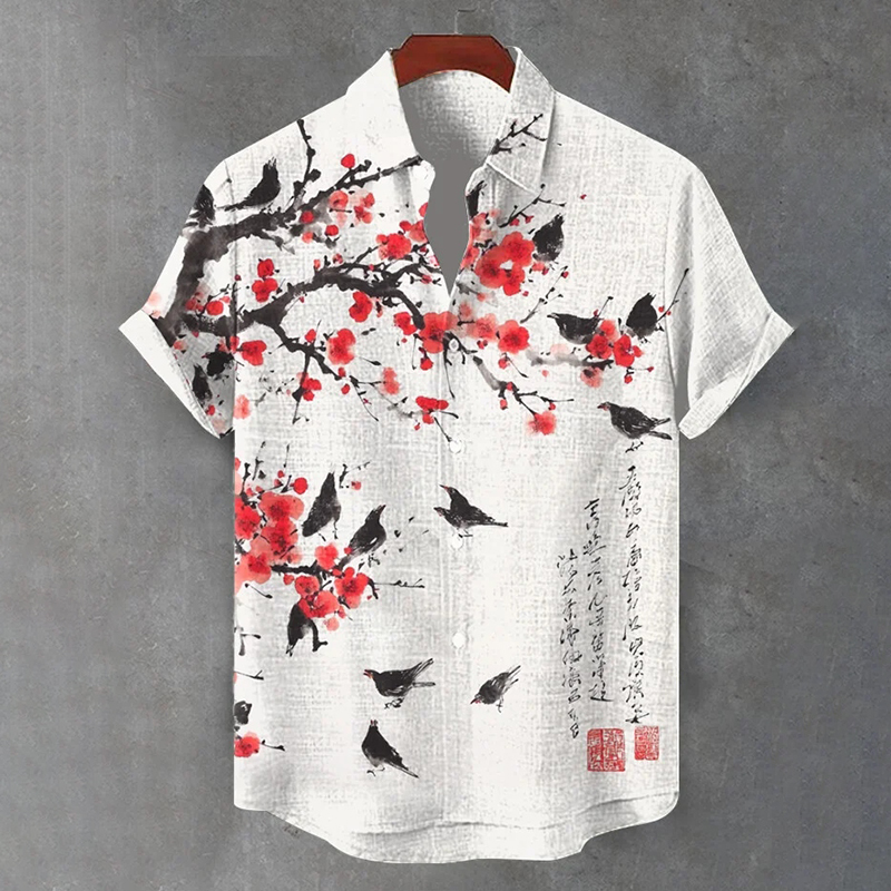 Men's Floral Bird Butterfly Art Print Short Sleeve Shirt