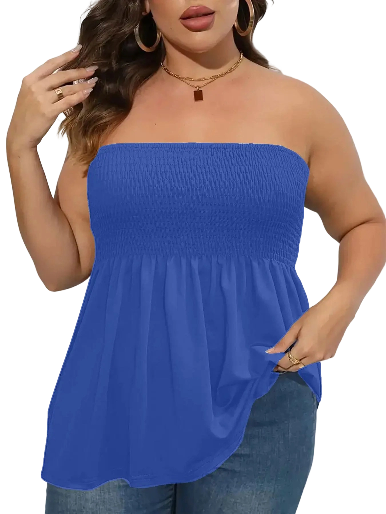 Women's n Strapless Top Plus Size Solid Ruffle Hem Shirred Tube Top