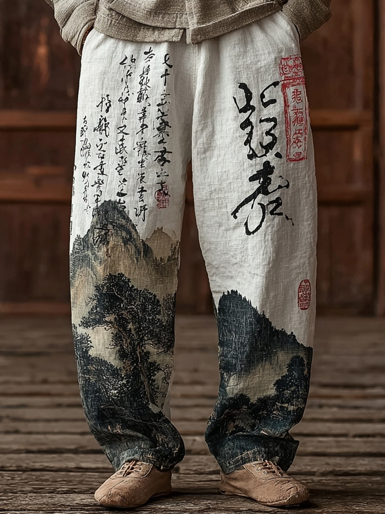 Men's Japanese Landscape Calligraphy Art Comfy Linen Pants