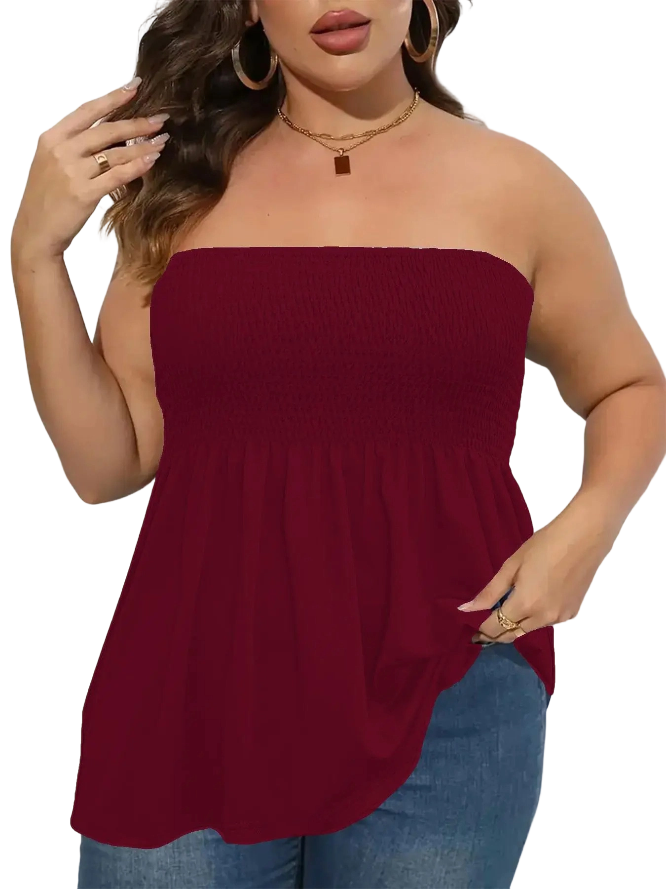 Women's n Strapless Top Plus Size Solid Ruffle Hem Shirred Tube Top