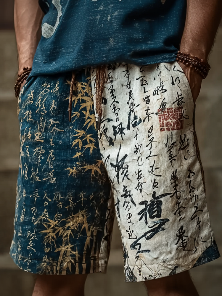 Japanese Art Retro Line Art Linen Casual Shorts