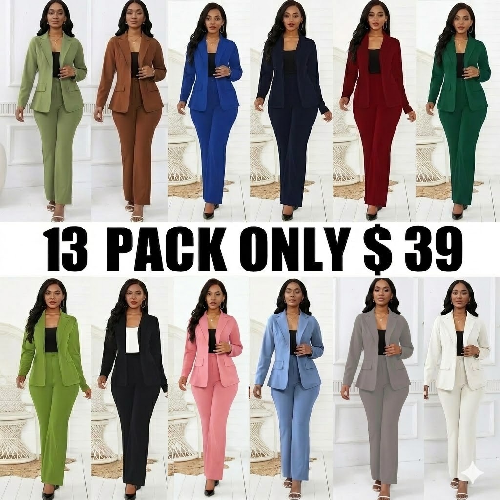 Women's Two-Piece Set Plain Button Lapel Blazer & Suit Pants