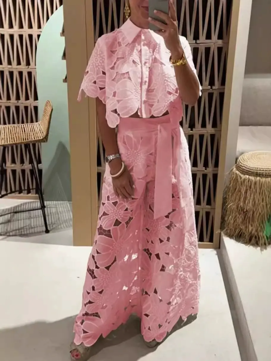 Women's 2026 New Retro Lace Outfit Set Short Sleeved Blouse Tops & Tie-up Pants Two-Piece Embroidery Hollow Temperament Suit for Casual & Special Occasions