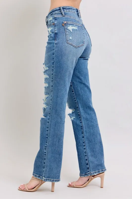 Blue Full Size High Waist Heavy Destroy Straight Jeans Plus Size