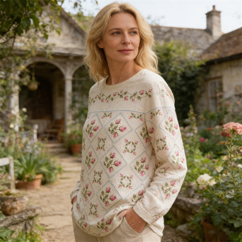 Vintage Rustic Floral Pattern Women's Linen Long Sleeve Shirt