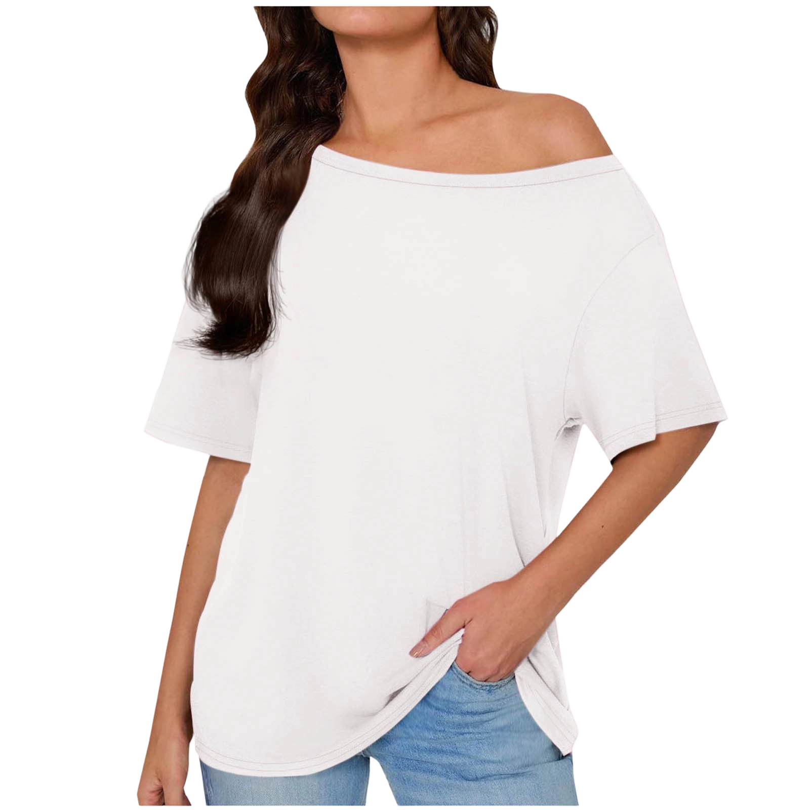 Women's Off The Shoulder Tops Short Solid Color Short Sleeve Tee - Casual Basic T-Shirt for All Seasons Daily Wear