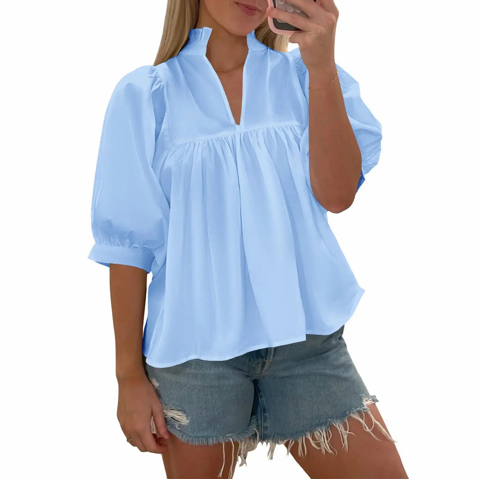 Womens V Neck Puff Sleeve Blouse Babydoll Peplum Tops Dressy Casual Pleated Loose Fit Shirts