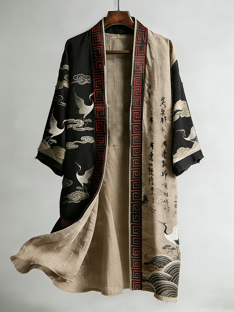 Japanese Calligraphy And Crane Art Combined In A Linen Blend Kimono