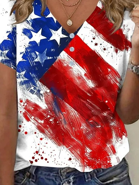 Regular Fit Independence Day V Neck Elegant T-Shirt