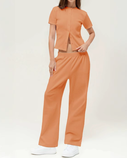 Chic Women's Button-Up Top & Wide Leg Trouser Set – Casual & Comfy!