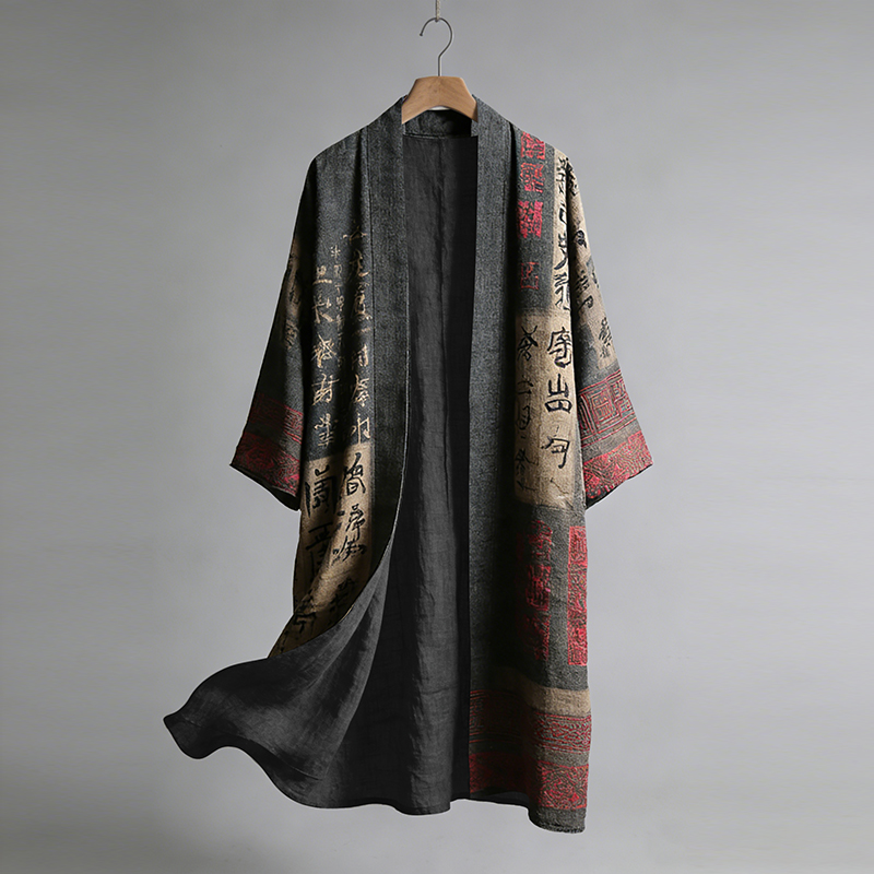 Calligraphy Art Pattern Casual Long Kimono Cardigan