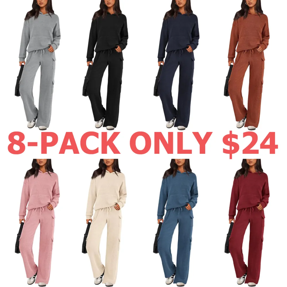 Women's Fall Knitted Hoodie Tracksuits Wide Leg Pants With Pocket Sets