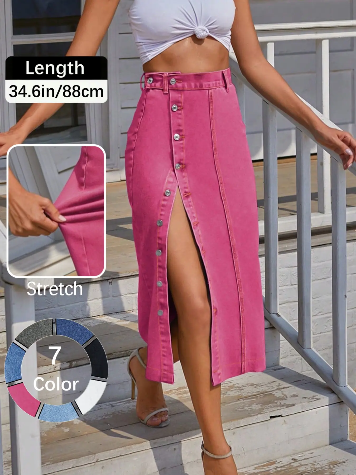 Women's  Button Front Light Wash Denim Split Hem Skirt