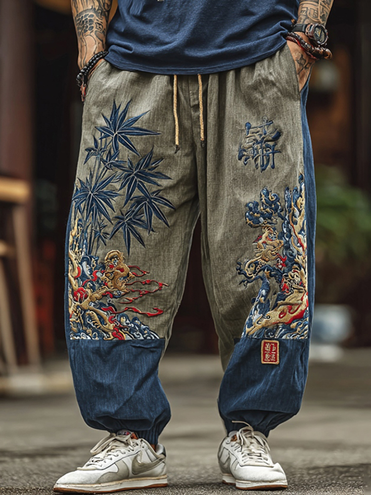 Men's Japanese Bamboo Art Flowy Wide Leg Comfy Linen Pants