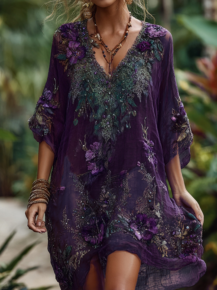 Women's Pansy Floral Embroidery Sequin Beaded Gradient Midi Dress