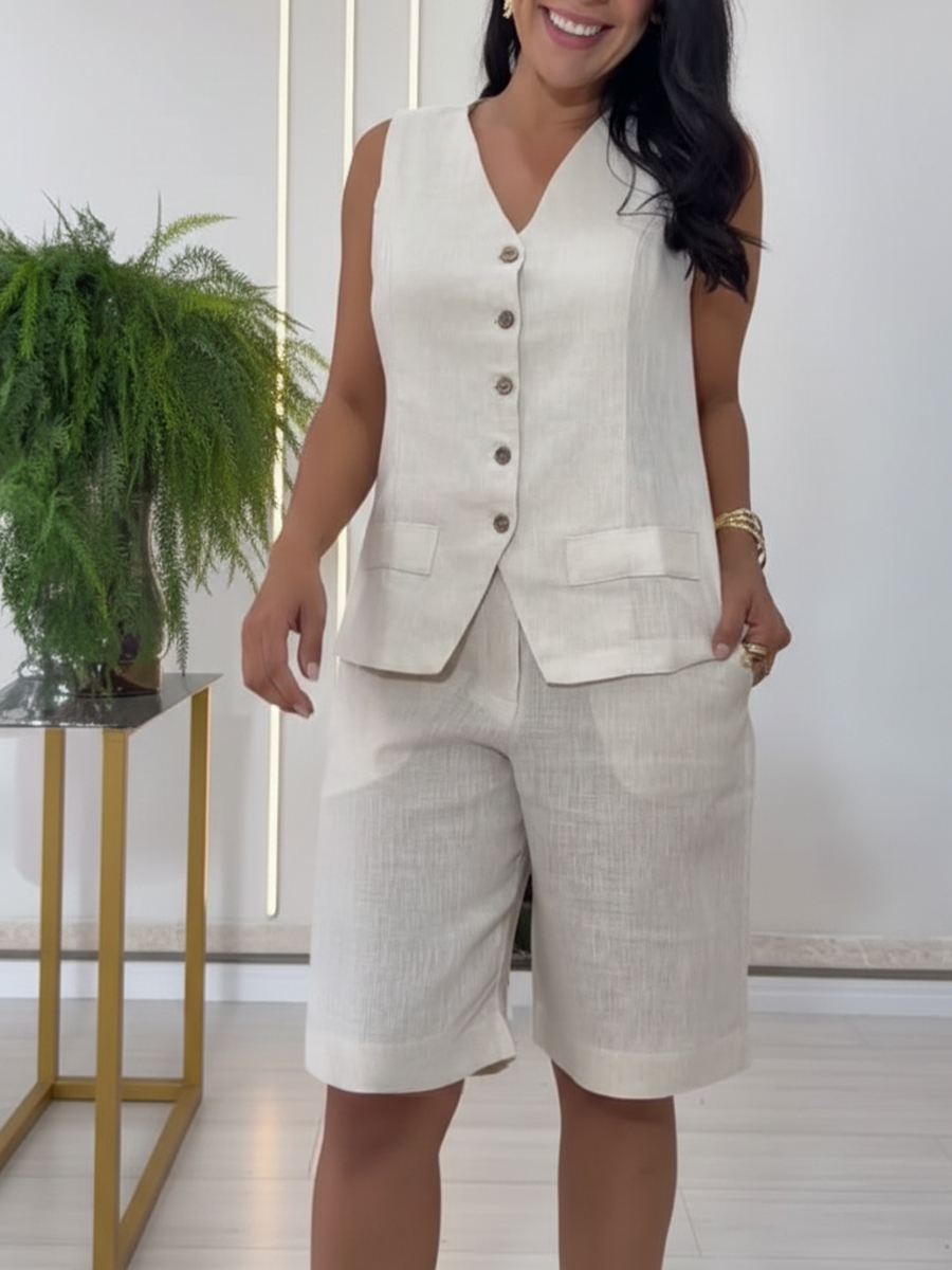 Casual Linen And Cotton Vest And Bermuda Shorts Two-piece Set