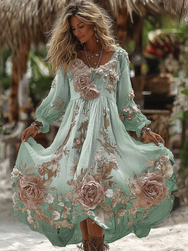 Women's Vintage Romantic White Rose Embroidery Art Comfy Linen Maxi Dress