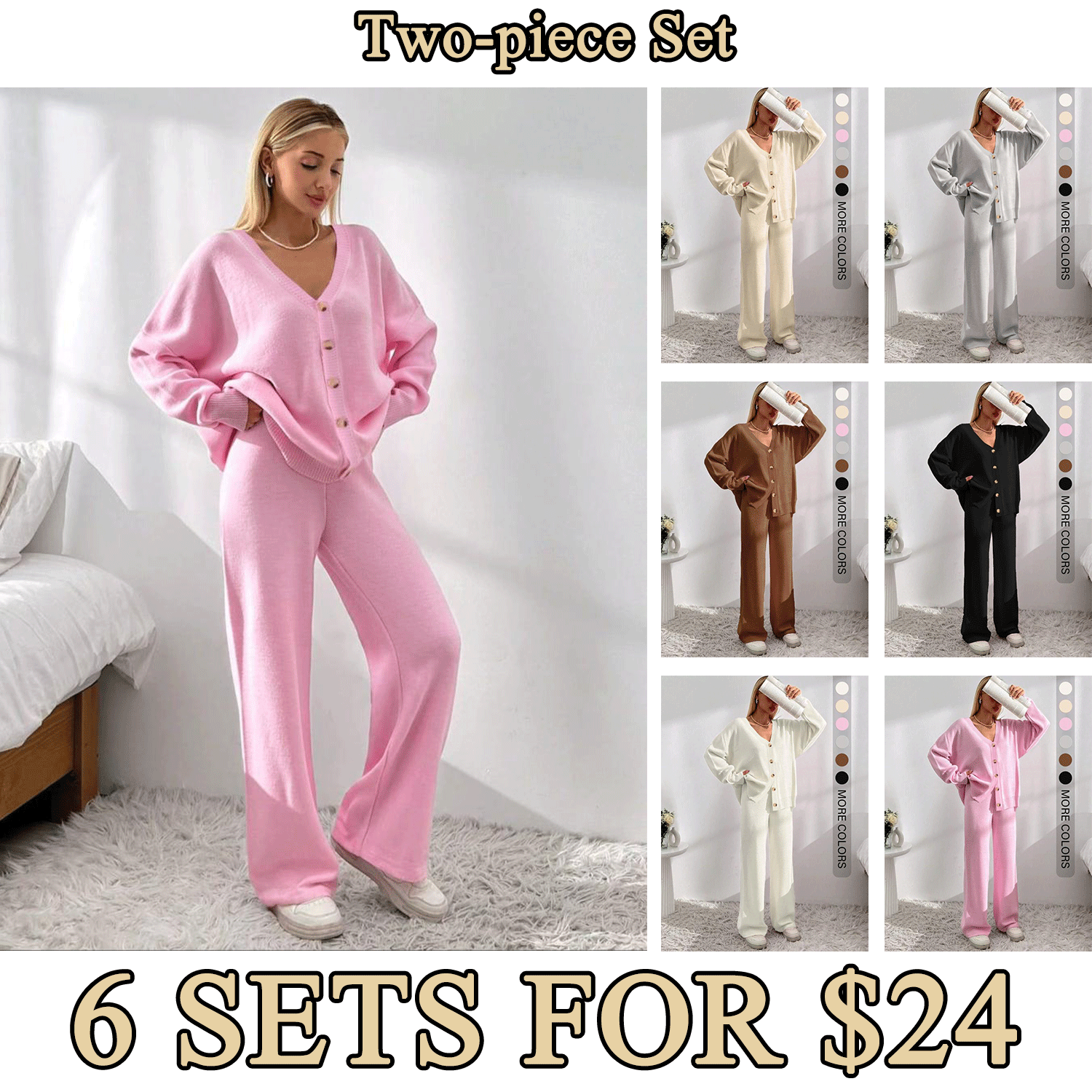 Women’s Cozy Knit Cardigan & Wide-Leg Pants Set – Relaxed Button-Up Lounge Outfit