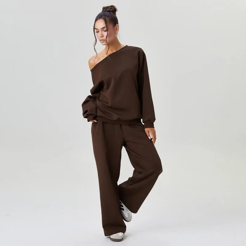 Women's Leisure Solid Color Sloping Shoulder Long Sleeve Top & Wide-Leg Trousers Set