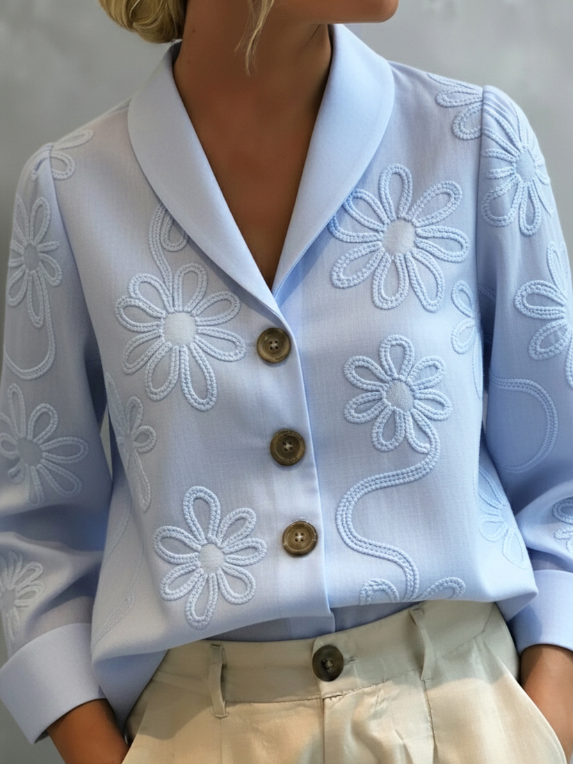 Vintage Floral Embroidered Shawl Collar Blouse